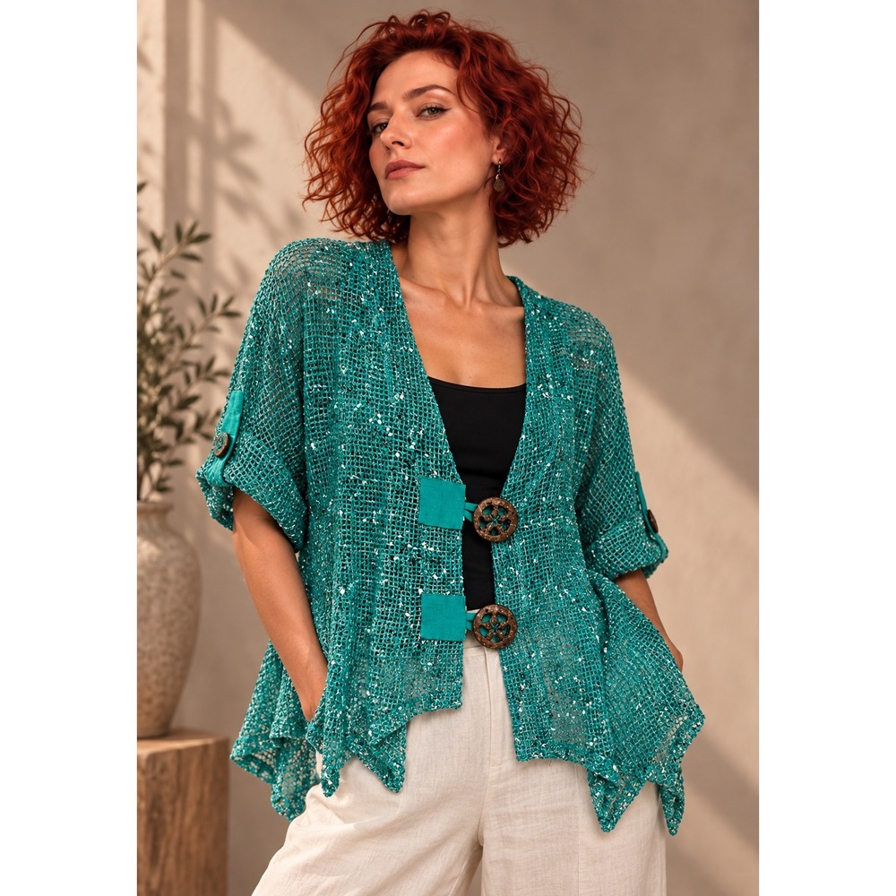 Dalin L Teal Mesh Jacket Sequin Button Closure Textured Boho Evening